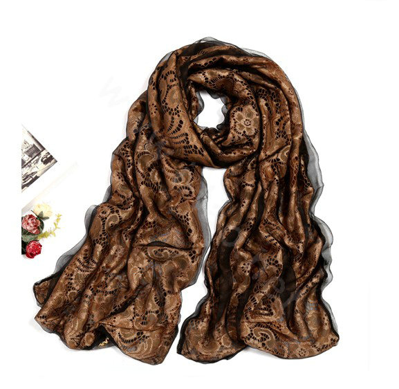 High-end Fashion long scarf shawl women warm silk lace wrap scarves - Coffee