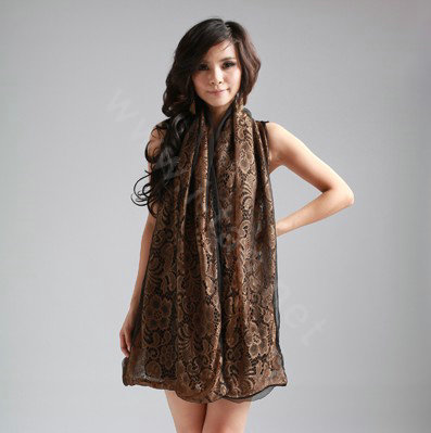 High-end Fashion long scarf shawl women warm silk lace wrap scarves - Coffee