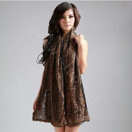 High-end Fashion long scarf shawl women warm silk lace wrap scarves - Coffee