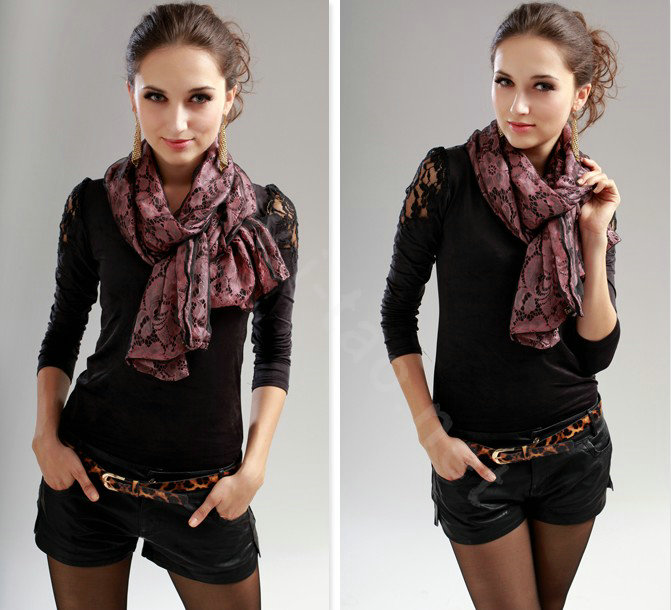 High-end Fashion long scarf shawl women warm silk lace wrap scarves - Pink