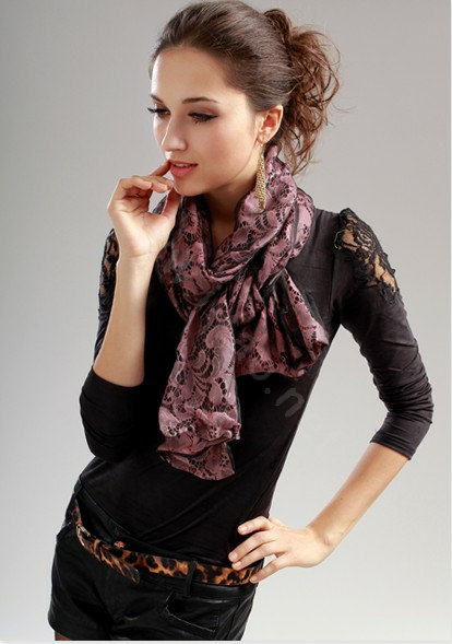 High-end Fashion long scarf shawl women warm silk lace wrap scarves - Pink