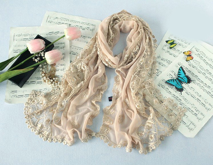 High end fashion embroidery flower lace silk long scarf shawl women wrap scarves - Beige