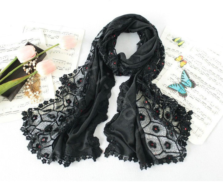 High end fashion embroidery flower lace silk long scarf shawl women wrap scarves - Black
