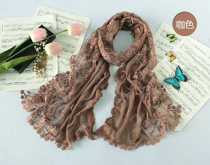 High end fashion embroidery flower lace silk long scarf shawl women wrap scarves - Coffee