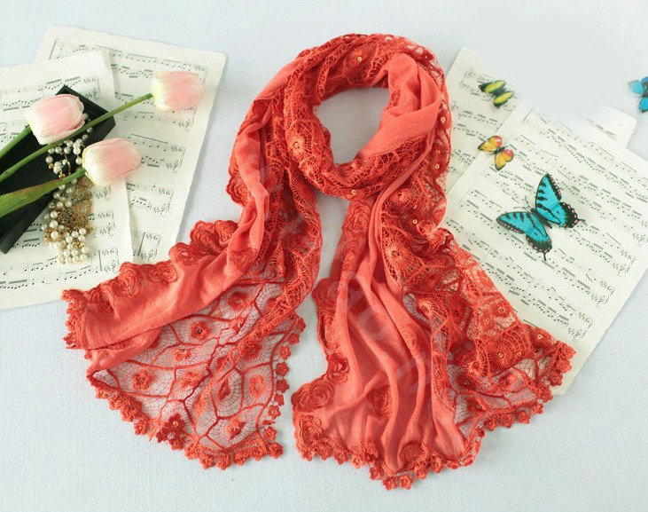 High end fashion embroidery flower lace silk long scarf shawl women wrap scarves - Orange