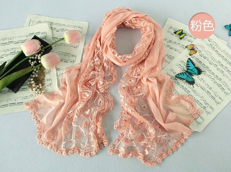 High end fashion embroidery flower lace silk long scarf shawl women wrap scarves - Pink
