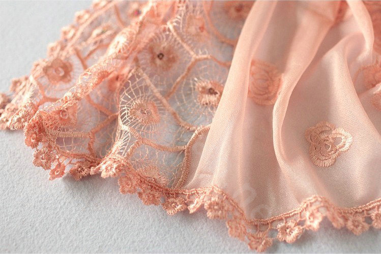 High end fashion embroidery flower lace silk long scarf shawl women wrap scarves - Pink