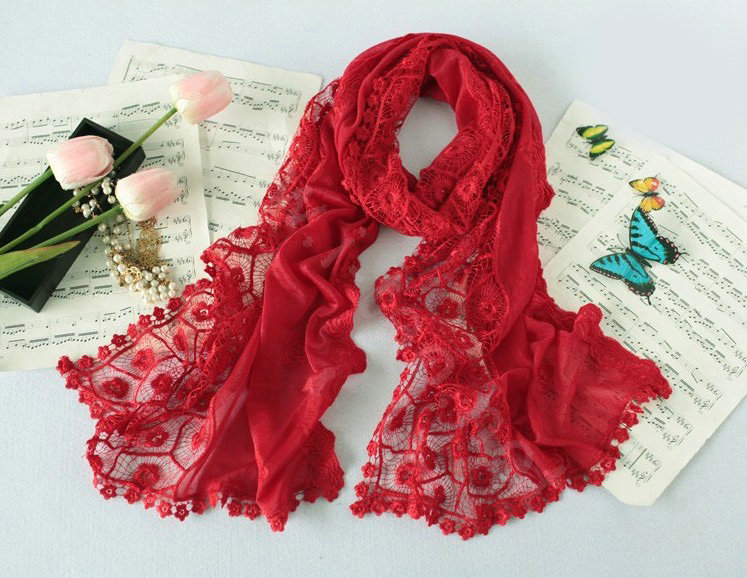 High end fashion embroidery flower lace silk long scarf shawl women wrap scarves - Red