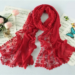 High end fashion embroidery flower lace silk long scarf shawl women wrap scarves - Red