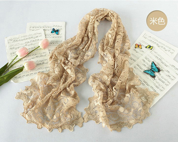 High end fashion embroidery flower lace silk scarf shawl women hollow wrap scarves - Beige