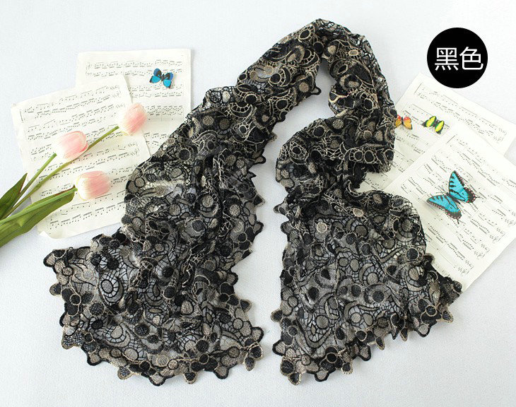 High end fashion embroidery flower lace silk scarf shawl women hollow wrap scarves - Black