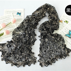 High end fashion embroidery flower lace silk scarf shawl women hollow wrap scarves - Black