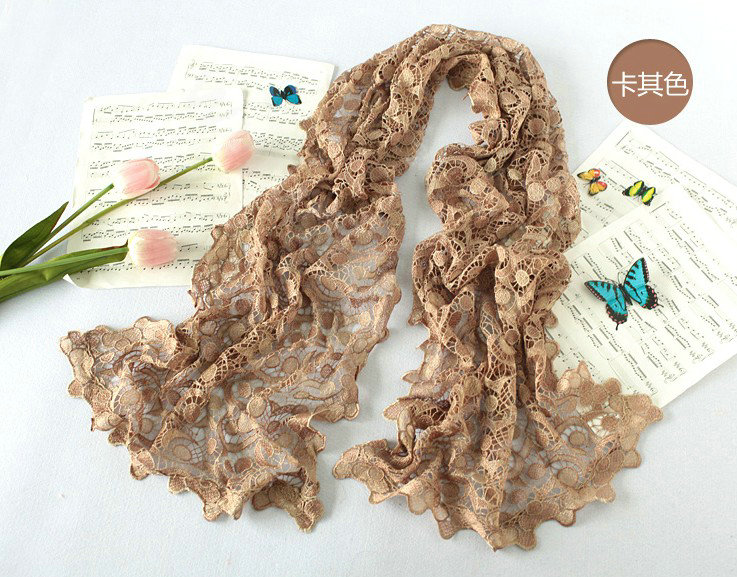 High end fashion embroidery flower lace silk scarf shawl women hollow wrap scarves - Khaki