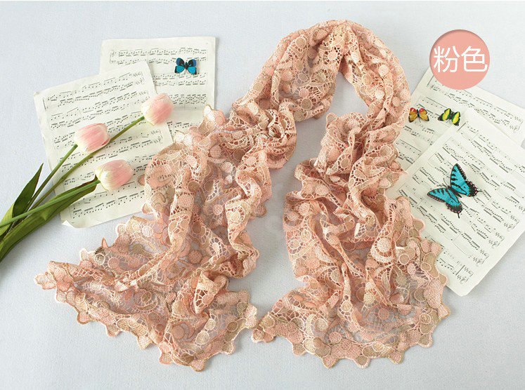 High end fashion embroidery flower lace silk scarf shawl women hollow wrap scarves - Pink