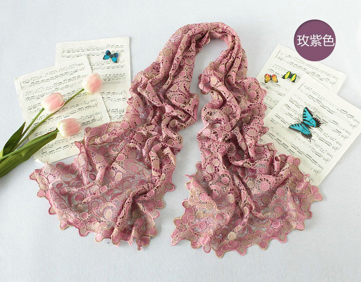 High end fashion embroidery flower lace silk scarf shawl women hollow wrap scarves - Purple