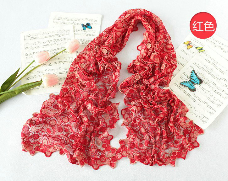 High end fashion embroidery flower lace silk scarf shawl women hollow wrap scarves - Red