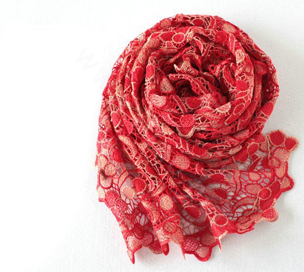 High end fashion embroidery flower lace silk scarf shawl women hollow wrap scarves - Red