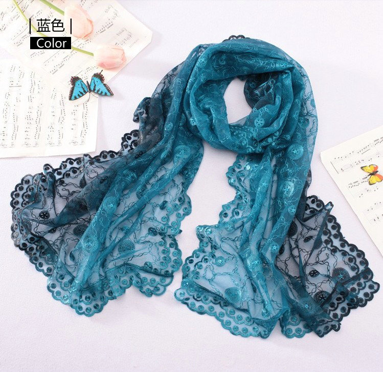 High end fashion embroidery flower lace silk scarf shawl women long gradient wrap scarves - Blue