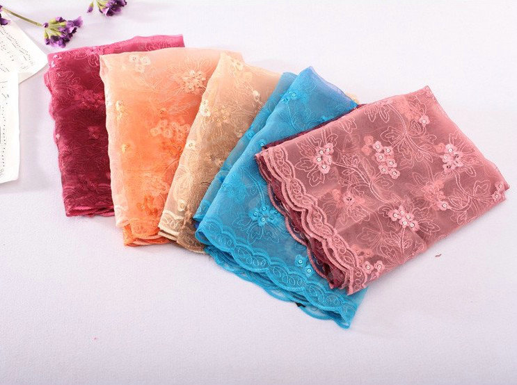 High end fashion embroidery flower lace silk scarf shawl women long gradient wrap scarves - Blue
