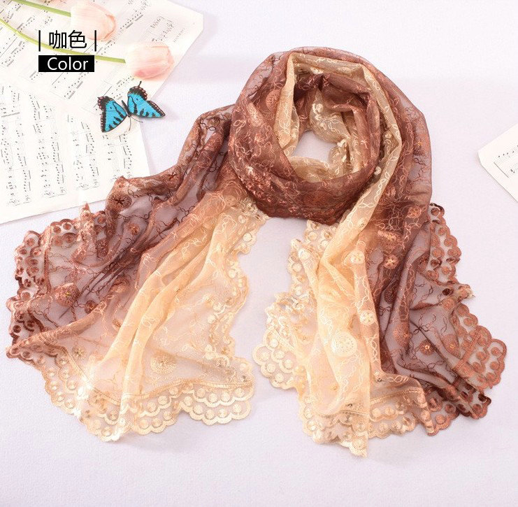 High end fashion embroidery flower lace silk scarf shawl women long gradient wrap scarves - Coffee