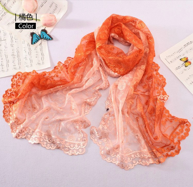 High end fashion embroidery flower lace silk scarf shawl women long gradient wrap scarves - Orange