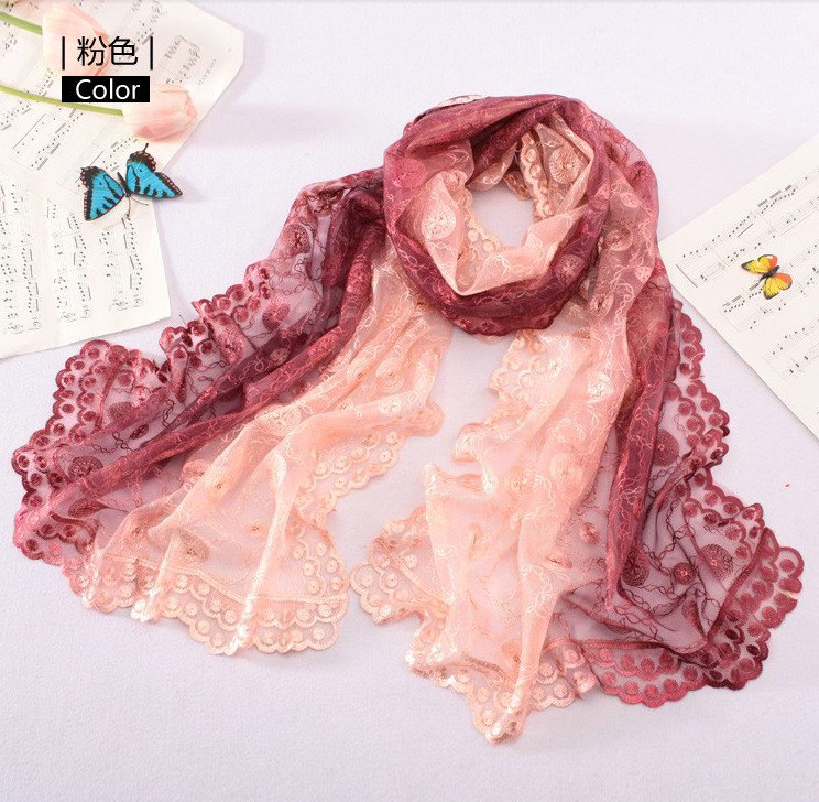 High end fashion embroidery flower lace silk scarf shawl women long gradient wrap scarves - Pink