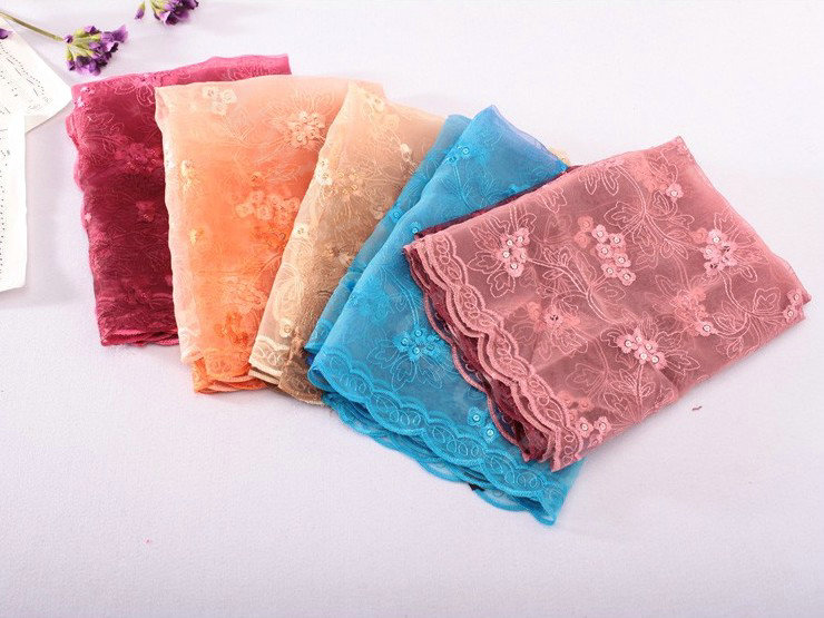 High end fashion embroidery flower lace silk scarf shawl women long gradient wrap scarves - Pink