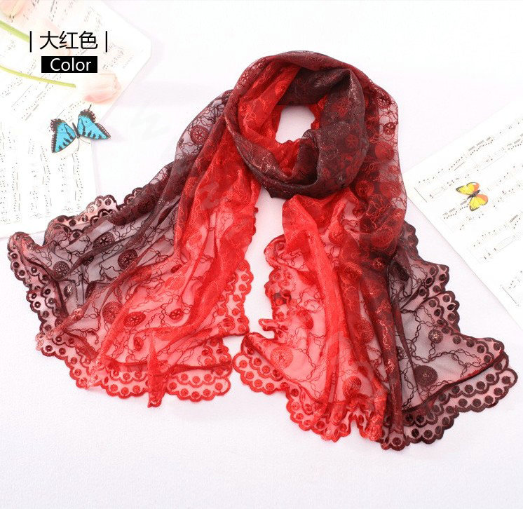 High end fashion embroidery flower lace silk scarf shawl women long gradient wrap scarves - Red