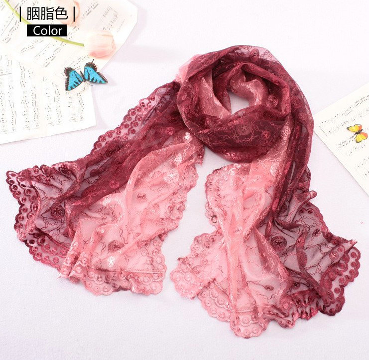 High end fashion embroidery flower lace silk scarf shawl women long gradient wrap scarves - Rouge