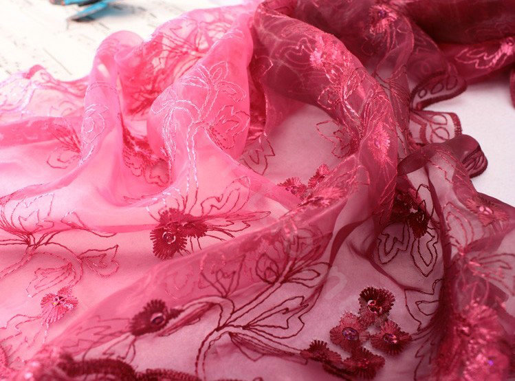 High end fashion embroidery flower lace silk scarf shawl women long gradient wrap scarves - Rouge
