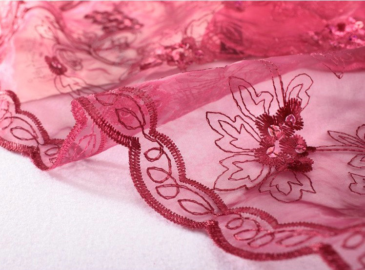 High end fashion embroidery flower lace silk scarf shawl women long gradient wrap scarves - Rouge