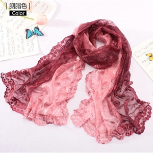 High end fashion embroidery flower lace silk scarf shawl women long gradient wrap scarves - Rouge