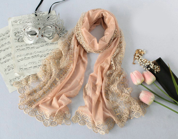 High end fashion embroidery flower lace silk scarf shawl women long wrap scarves - Beige