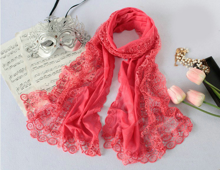 High end fashion embroidery flower lace silk scarf shawl women long wrap scarves - Peach