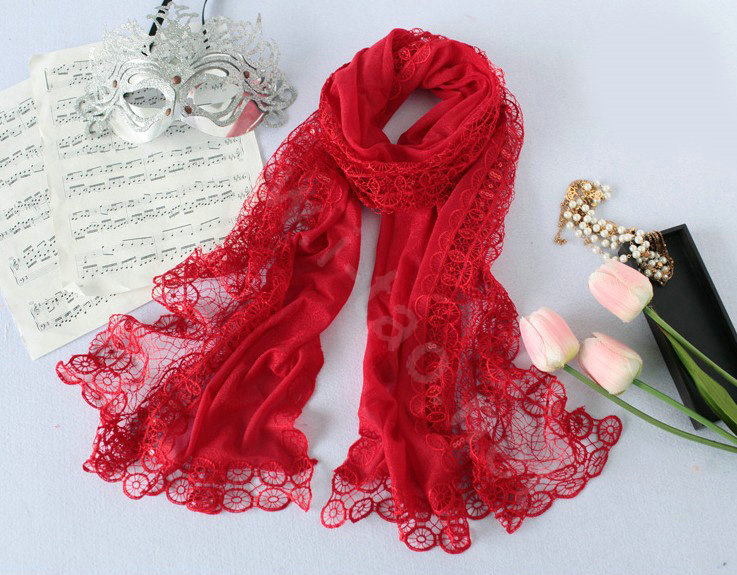 High end fashion embroidery flower lace silk scarf shawl women long wrap scarves - Red