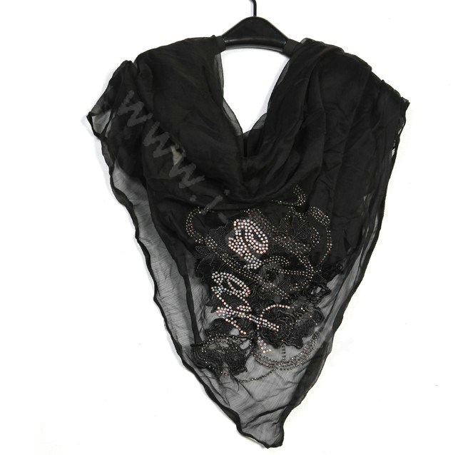 High end fashion flower triangle silk scarf shawl women soft thin wrap scarves - Black
