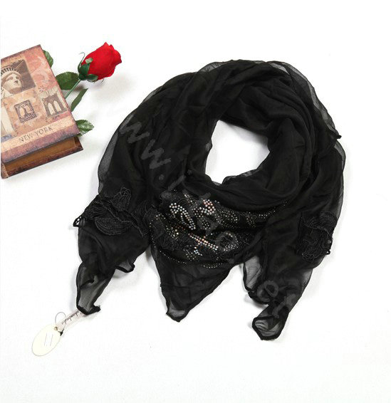 High end fashion flower triangle silk scarf shawl women soft thin wrap scarves - Black