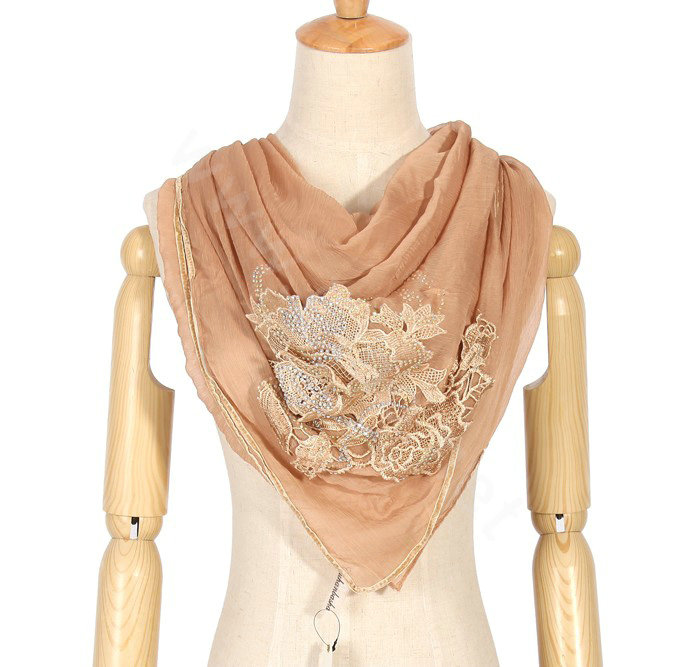 High end fashion flower triangle silk scarf shawl women soft thin wrap scarves - Khaki