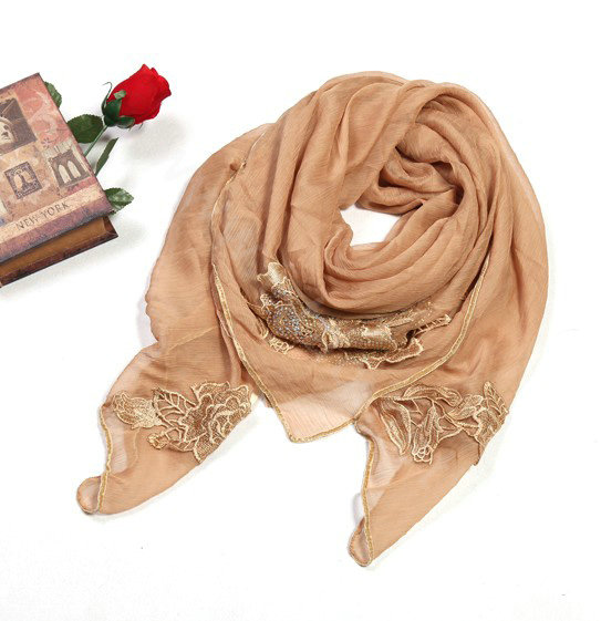 High end fashion flower triangle silk scarf shawl women soft thin wrap scarves - Khaki