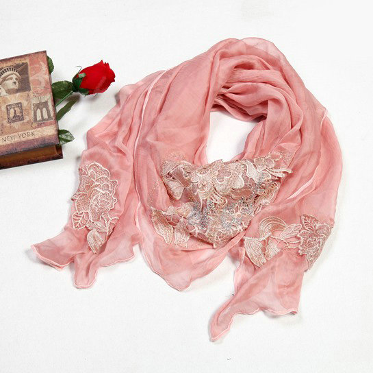 High end fashion flower triangle silk scarf shawl women soft thin wrap scarves - Pink