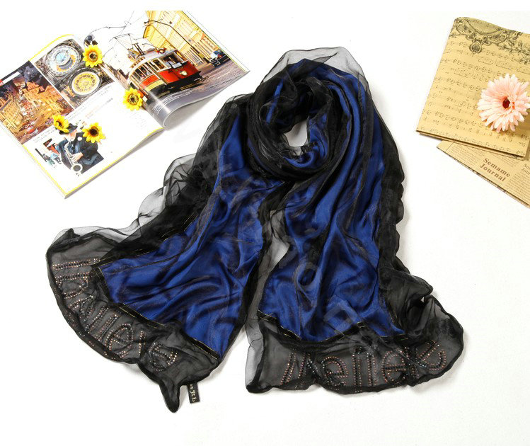 High end fashion long 100% silk scarf shawl women warm diamond wrap scarves - Blue