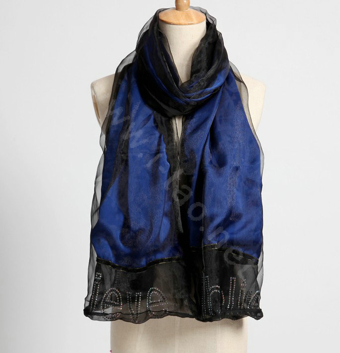 High end fashion long 100% silk scarf shawl women warm diamond wrap scarves - Blue