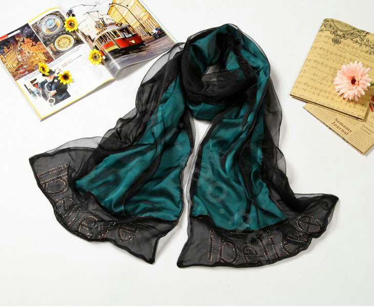 High end fashion long 100% silk scarf shawl women warm diamond wrap scarves - Green