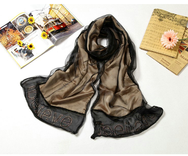 High end fashion long 100% silk scarf shawl women warm diamond wrap scarves - Khaki