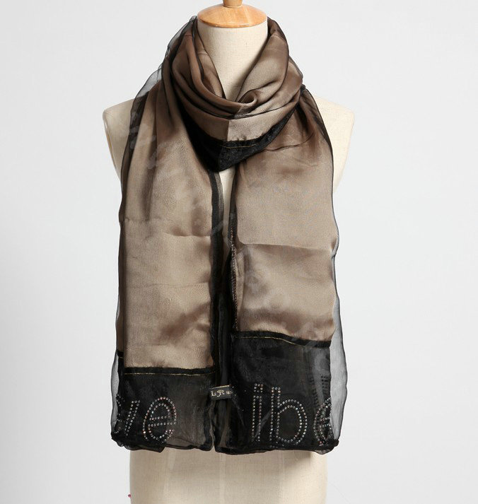 High end fashion long 100% silk scarf shawl women warm diamond wrap scarves - Khaki