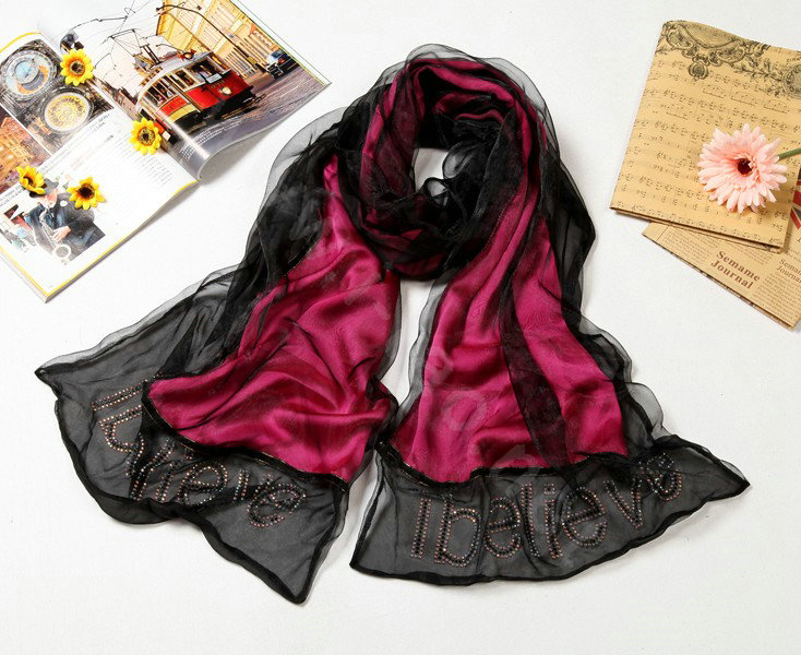 High end fashion long 100% silk scarf shawl women warm diamond wrap scarves - Rose