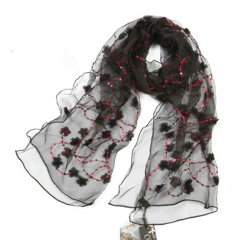 High end fashion long flower mulberry silk scarf shawl women soft thin wrap scarves - Black