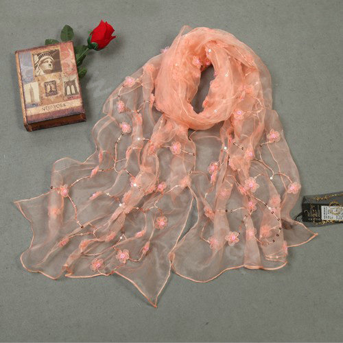 High end fashion long flower mulberry silk scarf shawl women soft thin wrap scarves - Orange