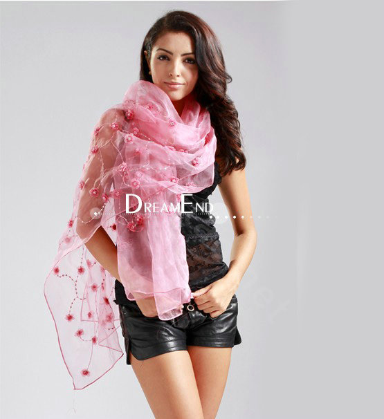 High end fashion long flower mulberry silk scarf shawl women soft thin wrap scarves - Pink