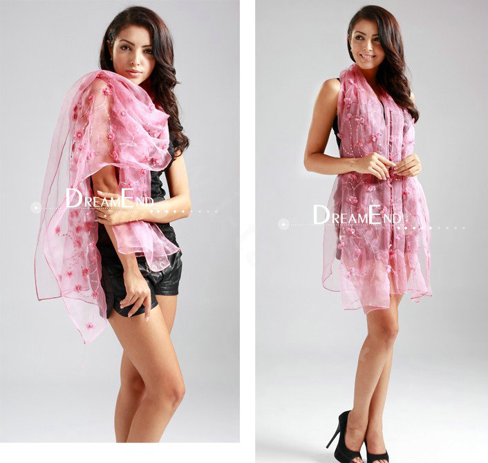 High end fashion long flower mulberry silk scarf shawl women soft thin wrap scarves - Pink